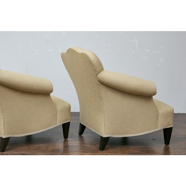 French Pair of Vintage French Lounge Chairs with Camelbacks, Rolled Arms, Ebonized Legs For Sale - Image 3 of 12
