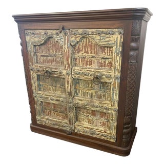 Unique 50" Tall Teak Wood Cabinet | Rustic Farmhouse Armoire | Antique Repurposed Door Cupboard | Handmade Distressed Storage Furniture For Sale