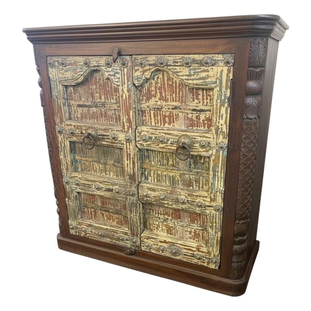 Unique 50" Tall Teak Wood Cabinet | Rustic Farmhouse Armoire | Antique Repurposed Door Cupboard | Handmade Distressed Storage Furniture For Sale