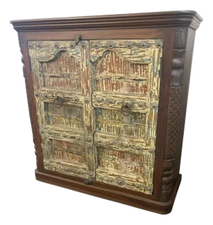 Unique 50" Tall Teak Wood Cabinet | Rustic Farmhouse Armoire | Antique Repurposed Door Cupboard | Handmade Distressed Storage Furniture