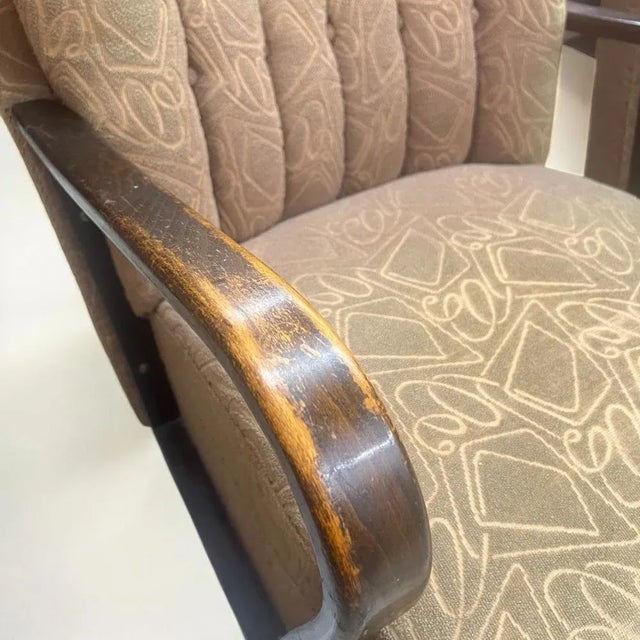Wood Art Deco German Armchair with Bentwood Armrests and Green Brocade Upholstery, 1940s For Sale - Image 7 of 12