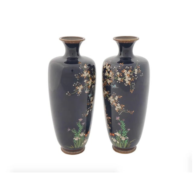Late 19th Century Large Pair of Antique Meiji Japanese Cloisonne Enamel Vases Hawks on Cherry Blossom Tree For Sale - Image 5 of 5