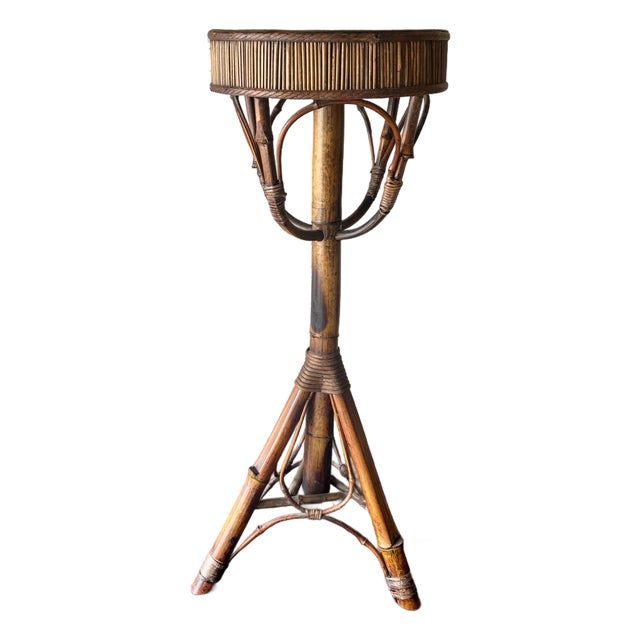 Vintage Coastal Handcrafted Bamboo & Cane Pedestal Plant Stand For Sale