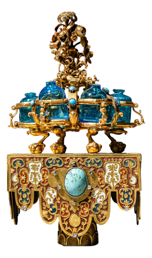 Gold Sedan Chair with Perfume Flasks in the style of Johann Melchior Dinglinger, Saxony, 1700, Set of 7