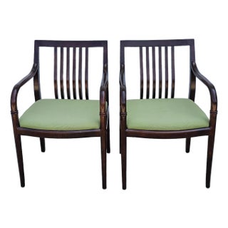 Pair of Vintage Georgian Style Fruitwood and Green Upholstered Open Armchairs For Sale