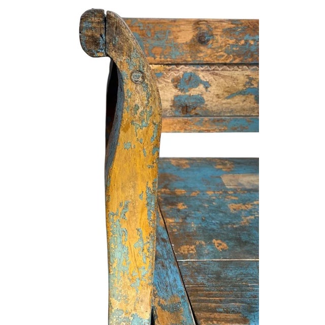 Early 1900's Wooden Bench Seat With Storage Seat and Original Aged Patina Paint For Sale - Image 4 of 5