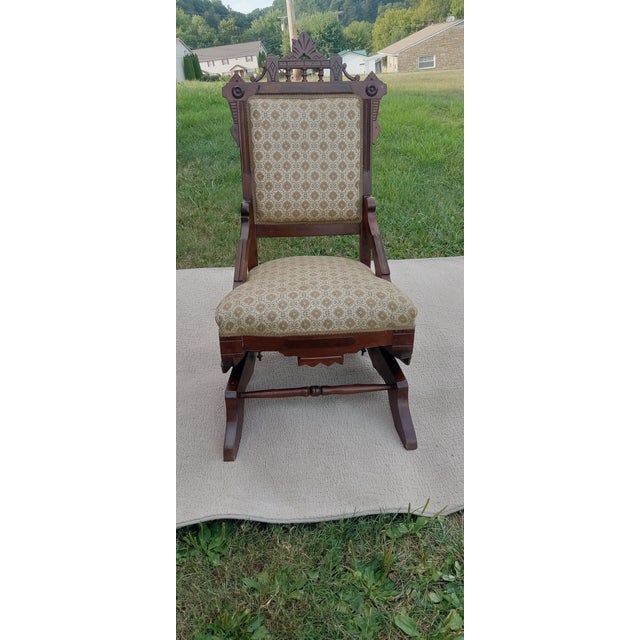 Brown 1920s Colonial Era Solid Wood Rocking Chair With Ornate Upholstery For Sale - Image 8 of 12