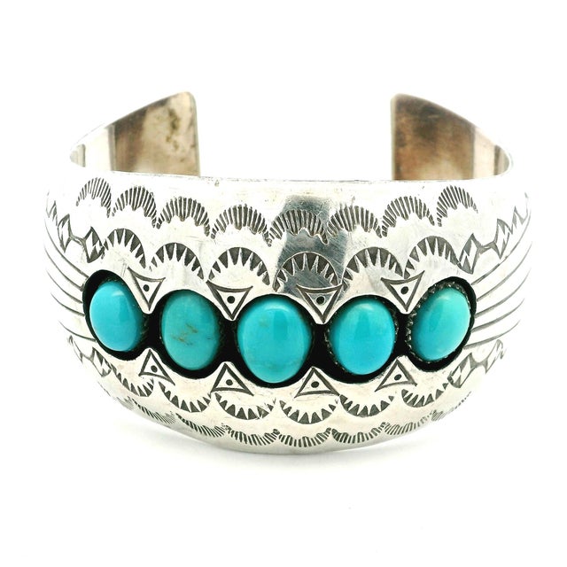 Vintage Navajo Sterling Silver Turquoise Cuff Bracelet Signed P.Benally For Sale - Image 9 of 9