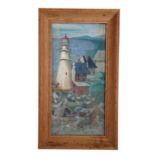 Vintage Modernist Coastal Seascape With Lighthouse For Sale