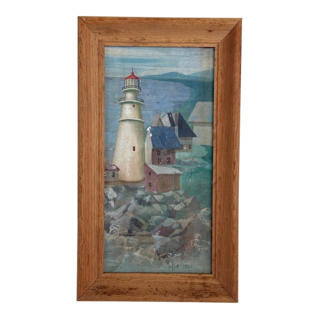 Vintage Modernist Coastal Seascape With Lighthouse For Sale