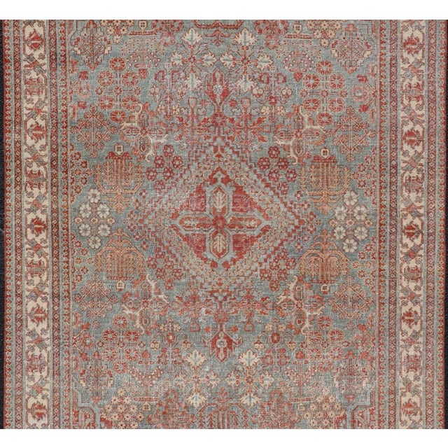 Baby Blue Persian Antique Joshegan Rug With Geometric Medallion Design in Soft Red's For Sale - Image 8 of 12
