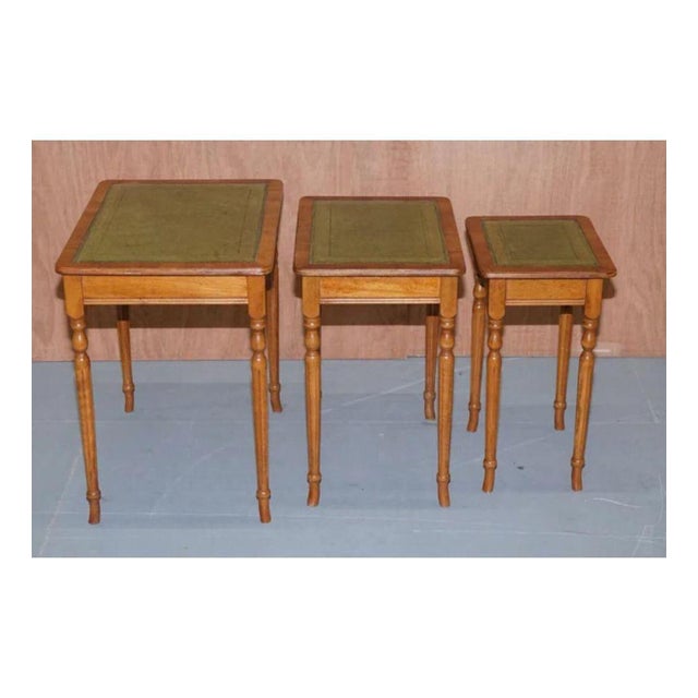 Regency Style Gold Leaf Embossed Yew Wood Nesting Tables with Leather Tops, Set of 3 For Sale - Image 6 of 9