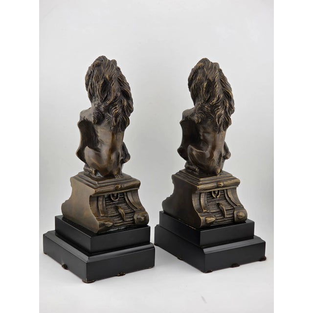 Rare Antique Pair of Victorian-Era Bronze Lion Rampart Bookends on Pedestal. For Sale - Image 9 of 16