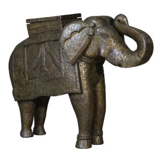 Vintage Hand Carved Solid Wood Elephant Statue With Brass Cladding For Sale