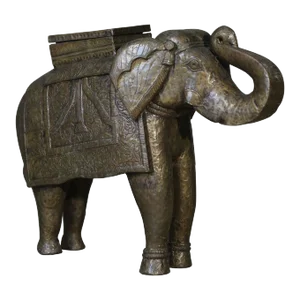 Vintage Hand Carved Solid Wood Elephant Statue With Brass Cladding