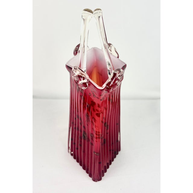 Ruby Red Vintage Murano Style Ruby Red Art Glass Purse Vase With Clear Handle & Aventurine Flecks For Sale - Image 8 of 12