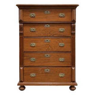 Antique Danish Pine Chest of Drawers | Carved Details + Brass Hardware, Late 19th Century For Sale