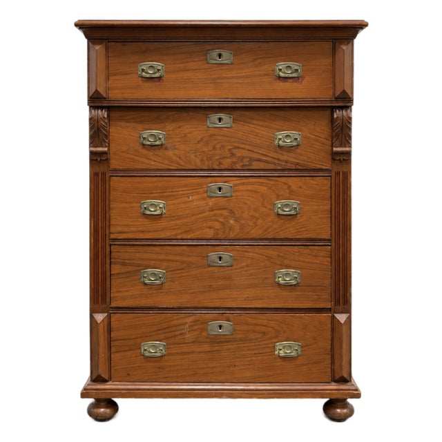 Antique Danish Pine Chest of Drawers | Carved Details + Brass Hardware, Late 19th Century For Sale