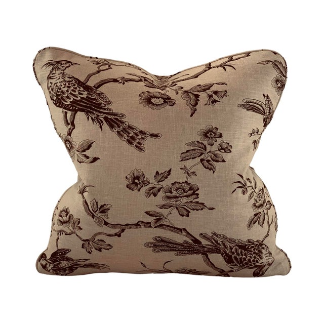 2020s Designer Fabricut Chocolate Brown & Tan "Amacus Bird" Botanical French Country Toile Pillow Covers- 3 Pc Set For Sale - Image 5 of 7
