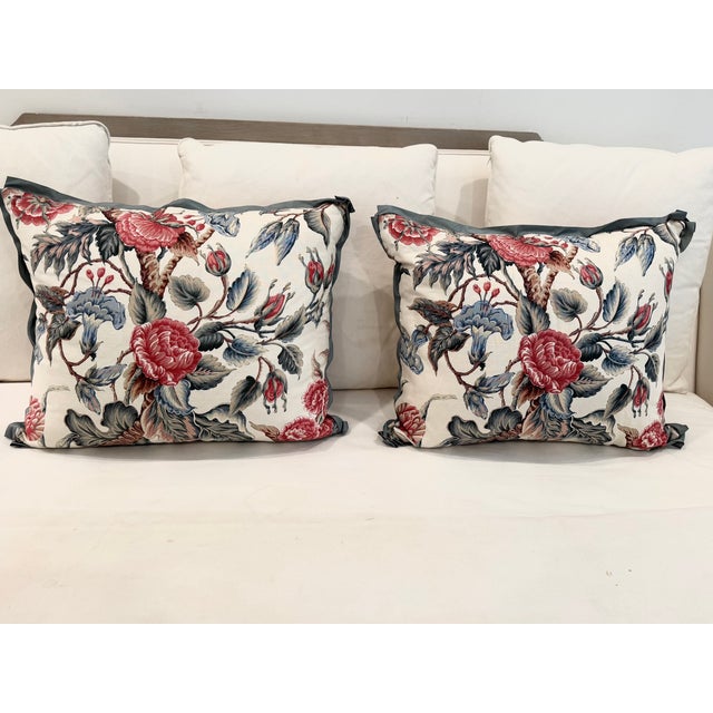 Pair of beautiful linen floral pillows - fabric is either Schumacher or Kravet. Very well made and trimmed with a matching...
