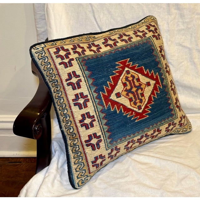 Tribal Handwoven Kilim Textile Accent Pillow – Geometric Tribal Design, Down Insert For Sale - Image 3 of 10