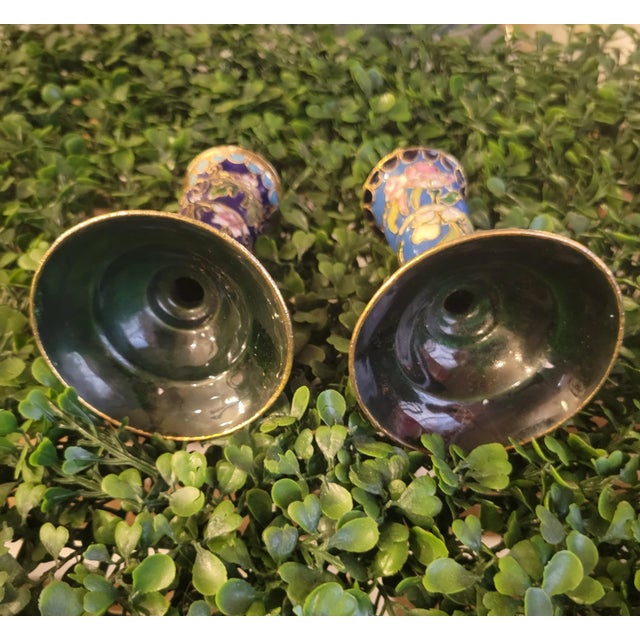 1980s Vintage Cloisonne Navy Blue Light Blue Pink Gold Inlaid Candle Stick Taper Holders- a Pair For Sale - Image 5 of 8