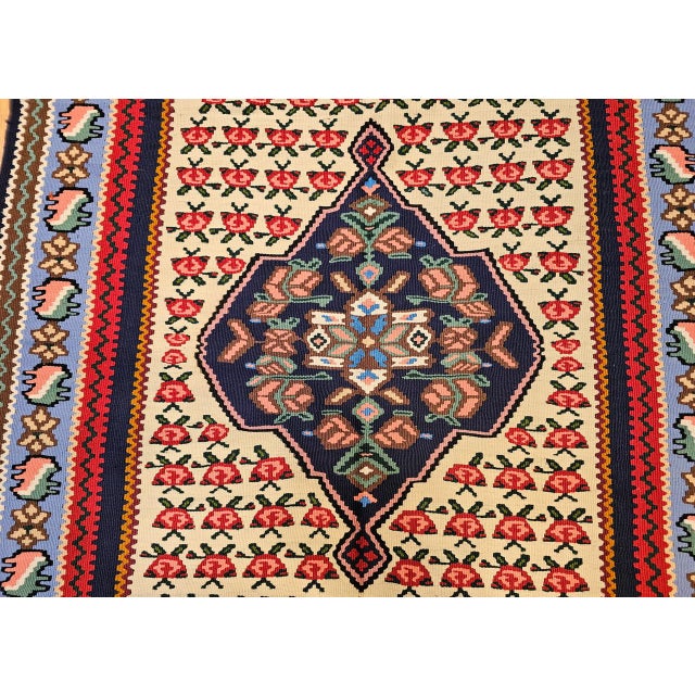 Vintage Persian Senneh Kilim Area Rug, Handwoven Wool, Floral Pattern, Ivory & Blue, 3x6 For Sale - Image 9 of 15