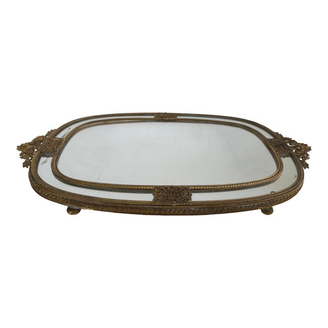 Antique French Style Ormolu Vanity Mirror Tray With Etched Filigree Handles For Sale