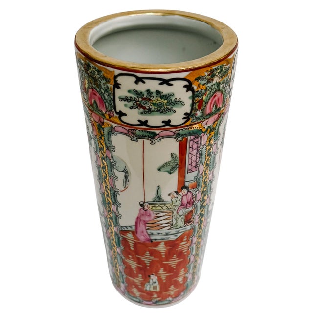 Vintage Chinese Rose Medallion Cylindrical Porcelain Vase For Sale - Image 4 of 6