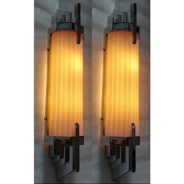 Pair Skyscraper Vintage Art deco light Old Lamp Wall Sconces Fixture Nickel Brass & Opaline Pink Glass Rod Ship Light...