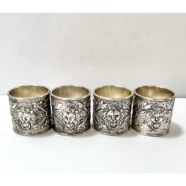 Hollywood Regency Vintage Silverplate Lion Head Napkin Rings With Acanthus Detail, Set of 4 For Sale - Image 3 of 9