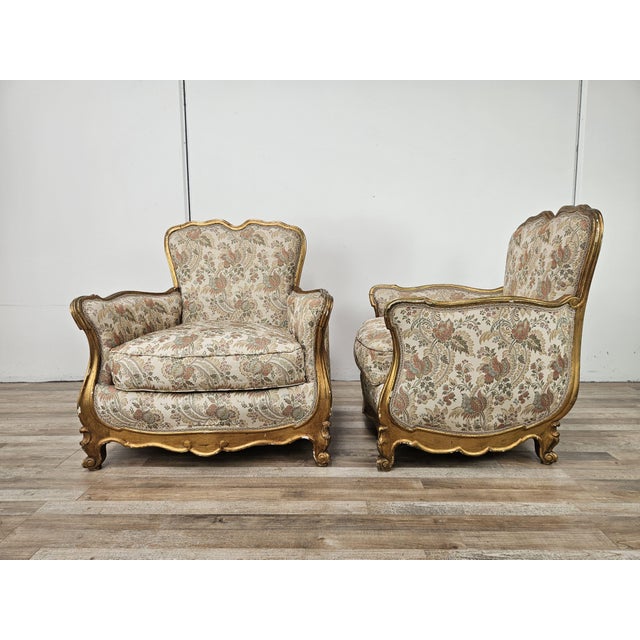 20th Century Italian Baroque Style Bergère Armchairs in Carved and Gilded Wood, Set of 2 For Sale - Image 4 of 18