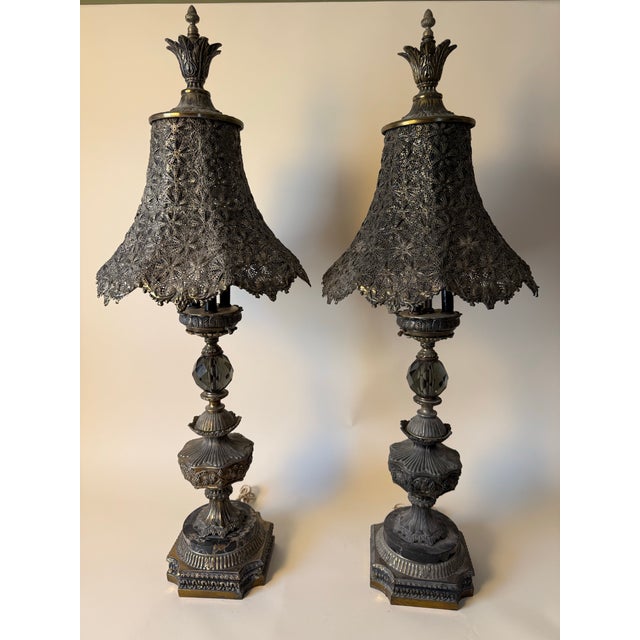 Vintage Hollywood Regency Pierced Metal Statement Table Lamps - A Pair For Sale - Image 9 of 10