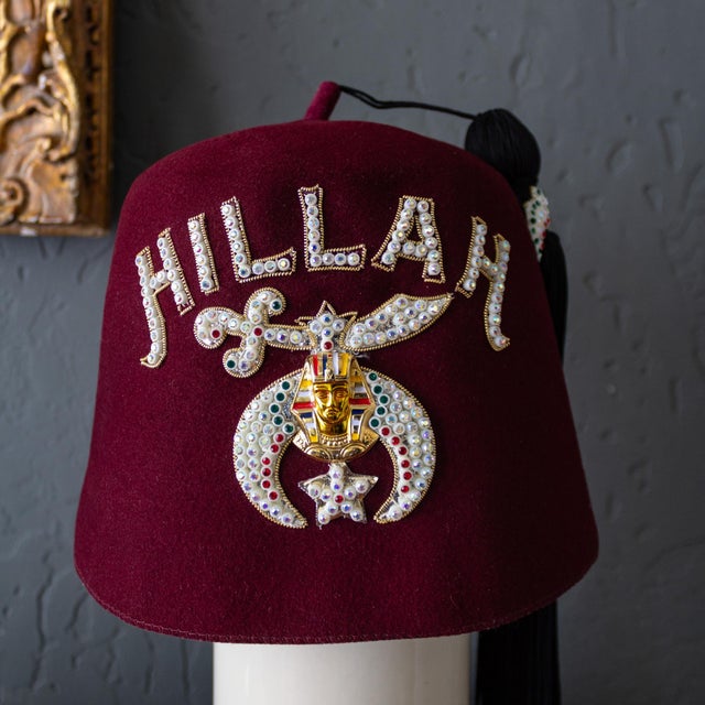 Persian Masonic Shriner Hillah Fez of Burgundy Wool Sequins and Tassel For Sale - Image 3 of 18