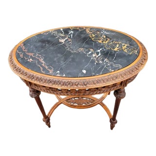 Early 20th Century French Hand Carved Walnut Center Table Marble For Sale