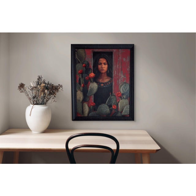Early 21st Century Resilience in Bloom by Terra Novak | Oil on wood Portrait of a woman surrounded by cacti and flowers For Sale - Image 5 of 5