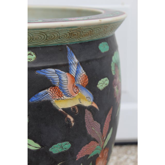 Large Antique Chinese Famille Noire Porcelain Fishbowl Jardinière With Wood Stand, C. 1920–1950 For Sale - Image 11 of 17