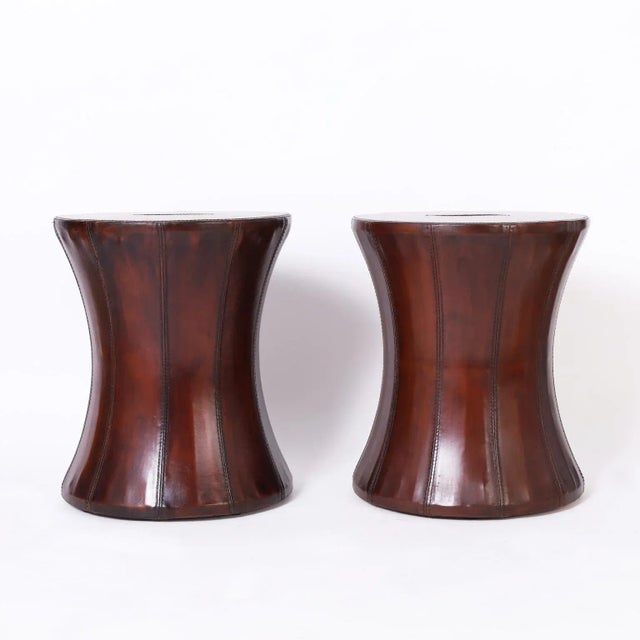 Burnt Umber Vintage Pair of Leather Seats or Stands For Sale - Image 8 of 8