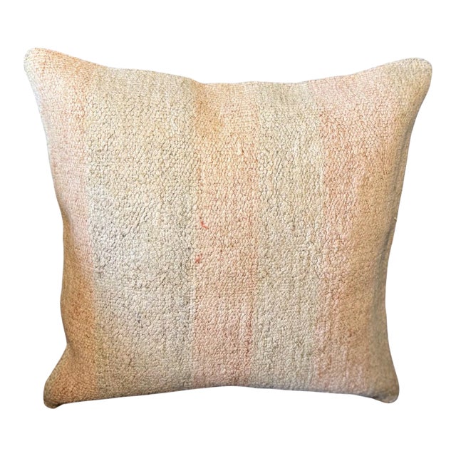 Vintage Turkish Hemp Pillow, Natural Blush Pink Ivory Cushion, Handwoven Anatolian Pillow With Insert, 16x16 In For Sale
