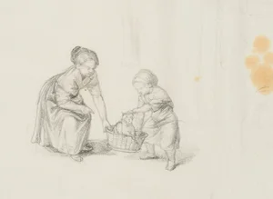 M. Neher, Children with Kittens, 1803, Pencil