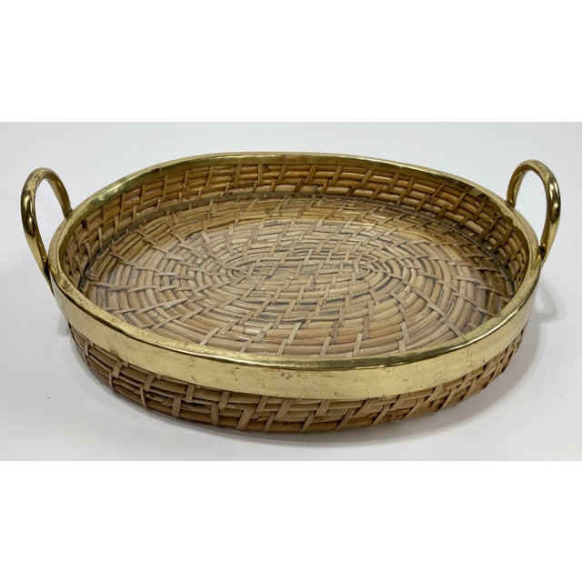 Wood Vintage Gabriella Crespi Style Brass Rim Coiled Rattan Tray For Sale - Image 7 of 8