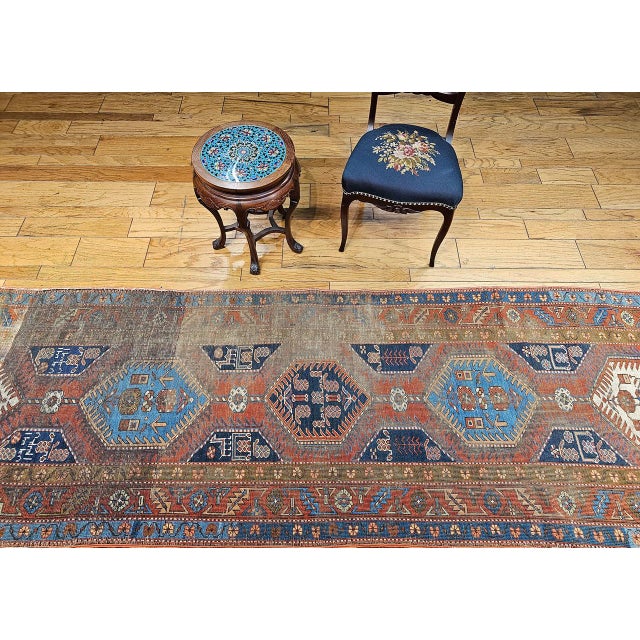1900 - 1909 Vintage Persian Heriz Serapi Runner, Hand-Knotted Wool, Geometric Pattern, Terracotta & Navy, 3x16 For Sale - Image 5 of 15