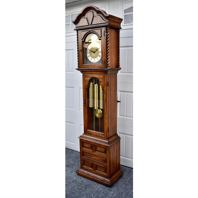 Wood Ridgeway Oak Grandfather Clock Jacobean Style Barley Twist Tempus Fugit For Sale - Image 7 of 18