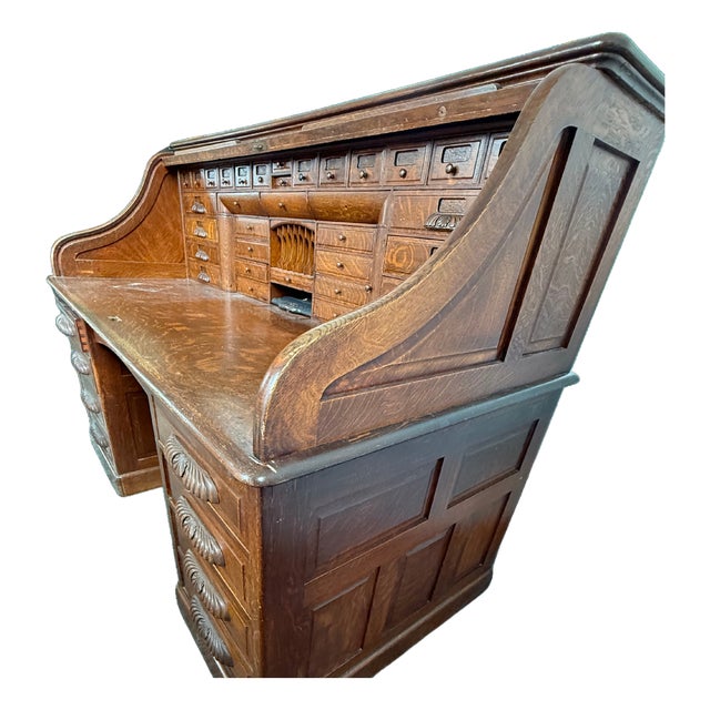 Antique American Quarter-Sawn Oak S-Roll-Top Executive Desk, Circa 1900 For Sale