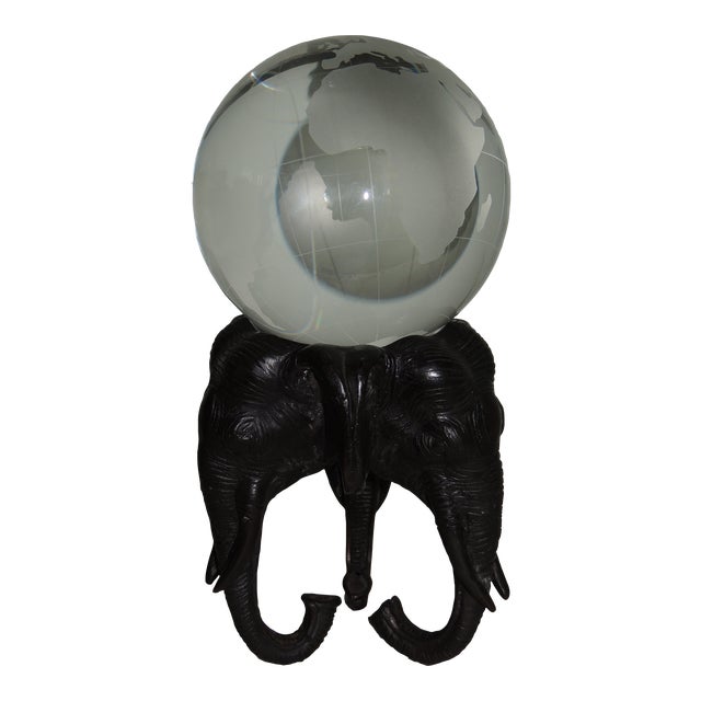 Mid 20th Century Crystal Globe on Bronze Triple Elephant Base For Sale