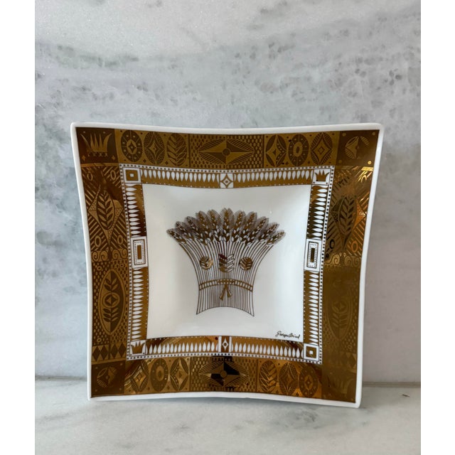Vintage Art Deco style 1960s Georges Briard milk glass bowl with gold harvest design. Featuring 22k gold detailing on a...