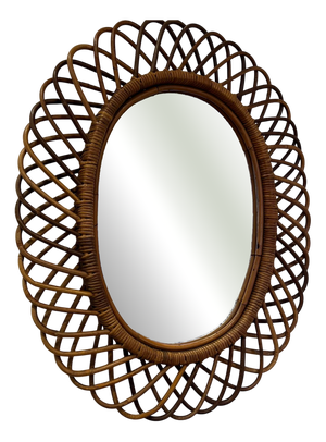 Mid-Century Modern Italian Oval Rattan and Bamboo Mirror attributed to Franco Albini