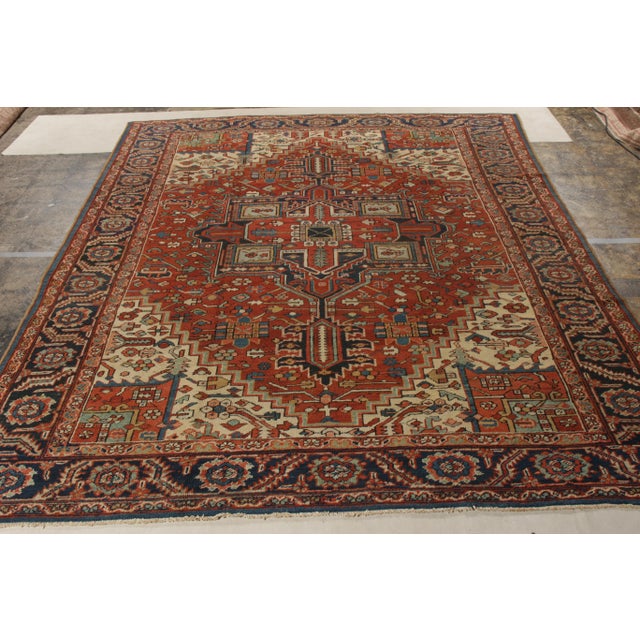 Traditional Hand-Knotted Antique Persian Heriz Rug in Red, Blue, Beige Medallion Pattern For Sale - Image 3 of 7