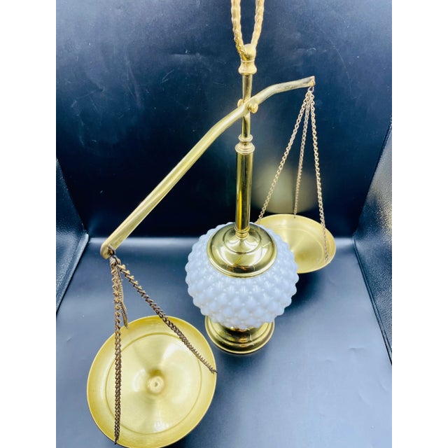 Vintage Brass & Milk Glass "Balance of Justice" Weight Scales For Sale - Image 4 of 12