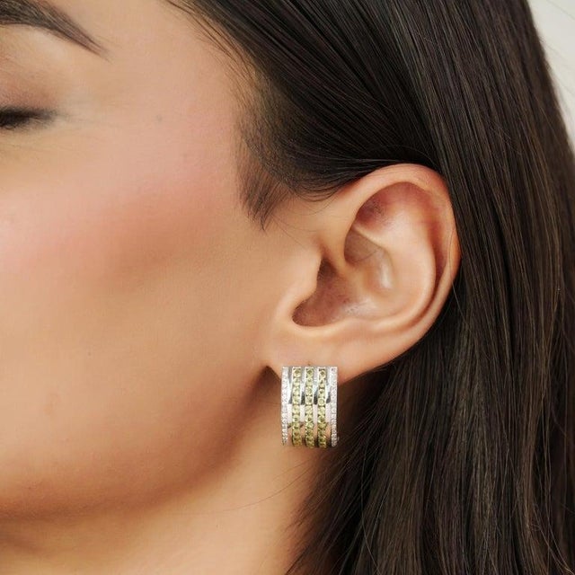 Metal Rare Silver Peridot Zircon Half Hoop Earrings for Her, a Pair For Sale - Image 7 of 10